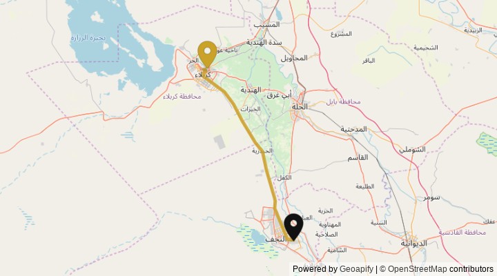 نقشهٔ مسیر فرودگاه نجف تا کربلا