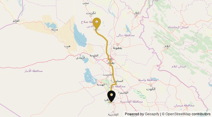 نقشهٔ مسیر فرودگاه نجف تا سامرا